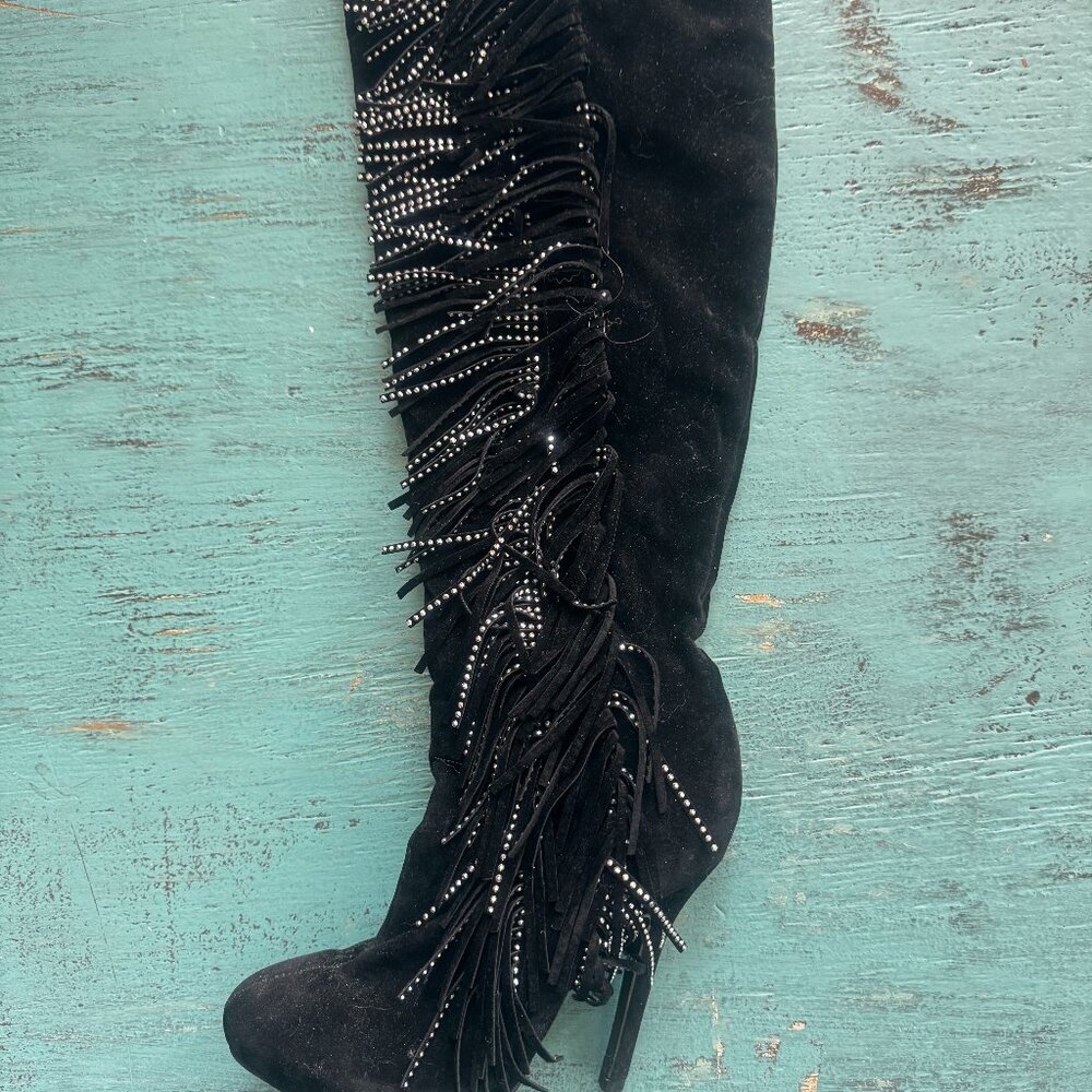 Super Fun 3"‎ stilleto heel black fringe boots size 6